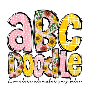 Paquete PNG de letras de garabato del alfabeto de girasol de primavera, alfabeto de flores de primavera, garabato dibujado a mano, diseño de sublimación dibujado a mano, carta floral