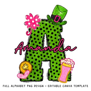 Carta de Doodle de São Patrício, adicione seu próprio nome, nome personalizado para família e camisa infantil, Lucky St Patty's Day PNG, CANVA TEMPLATE