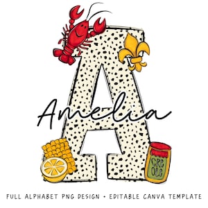 May include: A black and white polka dot letter A with the name Amelia written in black cursive. The letter is decorated with a red crawfish, a yellow fleur-de-lis, a yellow ear of corn, a yellow lemon, and a red and green jar labelled "Creole".