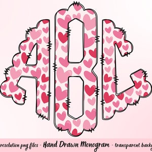 Valentine&#39;s Day Monogram Letters, Sublimation PNG Hand Drawn Doodle Full Alphabet Bundle, Left Middle Right Doodle Letters