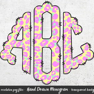 Bright Leopard Monogram Letters, Sublimation PNG Hand Drawn Doodle Full Alphabet Bundle, Left Middle Right Doodle Letters