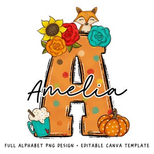 Fall Alphabet Doodle Letters PNG, Custom Name Fall Shirt, CANVA Template, Personalized Name for Family and Kids Shirt, Pumpkin Sublimation