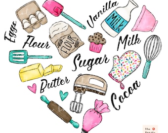 May include: A heart-shaped illustration of baking ingredients and tools, including eggs, flour, sugar, butter, vanilla, milk, cocoa, a whisk, a spatula, a rolling pin, a mixer, a cupcake, and a piping bag. The text "The Doodle Letters" is in the bottom right corner.