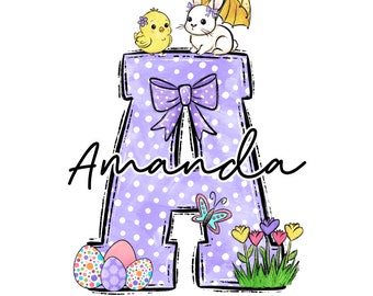 May include: Purple letter A with white polka dots, a white bunny with a yellow umbrella, a yellow chick, a butterfly, and flowers. The name Amanda is written in cursive below the letter.