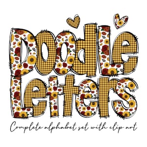 Paquete PNG de letras de garabato del alfabeto de girasol, alfabeto de flores de primavera, garabato dibujado a mano, diseños de sublimación dibujados a mano PNG, letras florales