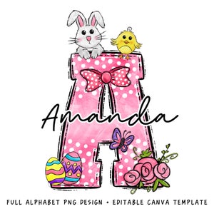 Carta de doodle de conejito de Pascua PNG, agregue su propio nombre, plantilla CANVA, diseño de nombre personalizado para camisa familiar y para niños, diseño de primavera
