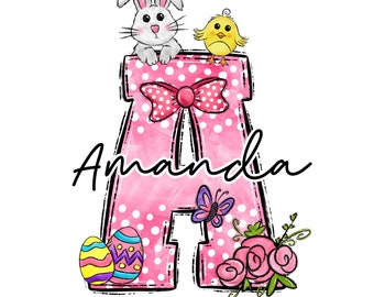 Easter Bunny Doodle Letter PNG, Add Your Own Name, CANVA Template, Personalized Custom Name design for Family and Kids Shirt, Spring Design
