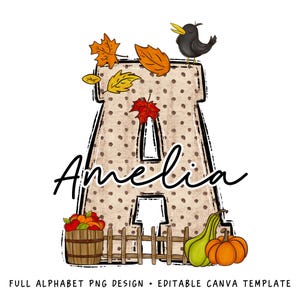 Letras de doodle del alfabeto de otoño PNG, camisa de otoño con nombre personalizado, plantilla CANVA, nombre personalizado para camisa familiar y para niños, sublimación de calabaza