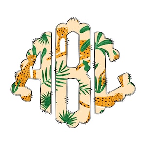 Leopard Tropical Plant Monogram Letters, Sublimation PNG Hand Drawn Doodle Full Alphabet Bundle, Left Middle Right Doodle Letters PNG