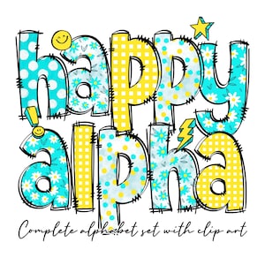 Blue Daisy Alphabet Doodle Letras y números Sublimación PNG, Paquete Alpha Doodle dibujado a mano, Doodle Alpha, Descarga digital Alpha Pack