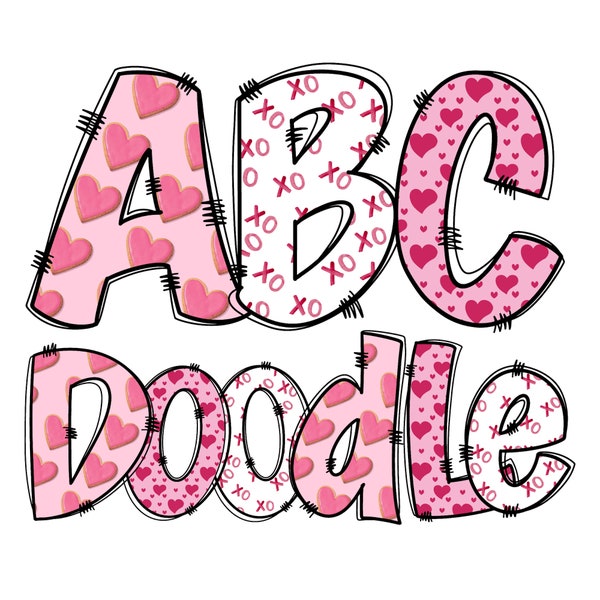 Pink Heart Love Doodle Letters, Custom Kid Name, Valentine Mama Png, Happy Valentine Png, Digital Download, Custom Name Doodle Alpha Bundle