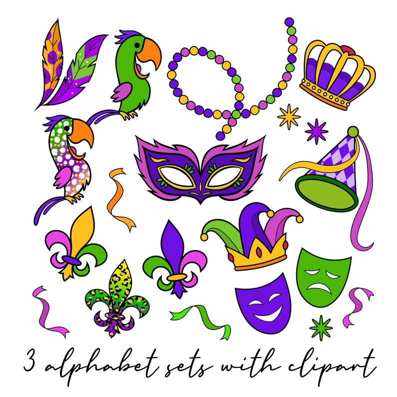 May include: A set of Mardi Gras themed clipart featuring a purple, green, and gold color scheme. The clipart includes a jester's hat, a mask, a crown, a feather, a parrot, a fleur-de-lis, a party hat, and beads.