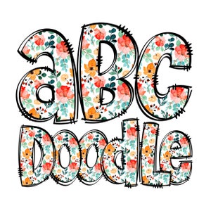 Letras de garabatos de flores de acuarela, paquete de garabatos alfa dibujados a mano, números estampados y conjunto de garabatos del alfabeto, fuente de sublimación PNG