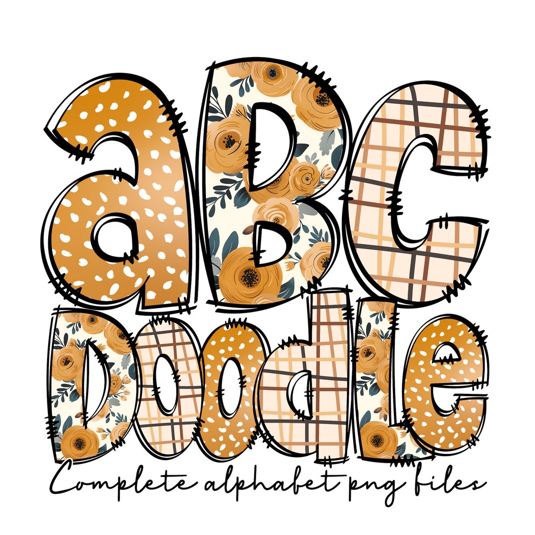 Gold Floral Alphabet Doodle Letters PNG Bundle, Vintage Flower Alphabet ...