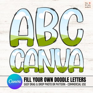 Letras do alfabeto Doodle do quadro Canva, preencha suas próprias letras Doodle no CANVA, uso comercial, MAIÚSCULAS, modelo Canva de letras editáveis