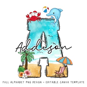 Beach Doodle Letters PNG, agregue su propio nombre, plantilla CANVA, diseño de nombre personalizado para camisa familiar y para niños, diseño de sublimación de verano