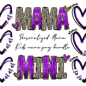 Paquete PNG de nombres personalizados para niños con corazones, PLANTILLA CANVA, Corazón con nombres de niños, Regalo para mamá, Corazón Púrpura Doodle personalizado