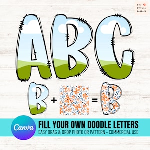 Letras do alfabeto Doodle do quadro Canva, preencha suas próprias letras Doodle no CANVA, uso comercial, MAIÚSCULAS, modelo Canva de letras editáveis
