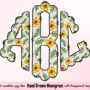 Flower Monogram Letters, Florals Sublimation PNG Hand Drawn Doodle Full Alphabet Bundle, Left Middle Right Doodle Letters PNG
