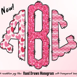 Valentine&#39;s Day Monogram Letters, Holiday Sublimation PNG Hand Drawn Doodle Full Alphabet Bundle, Left Middle Right Doodle Letters PNG