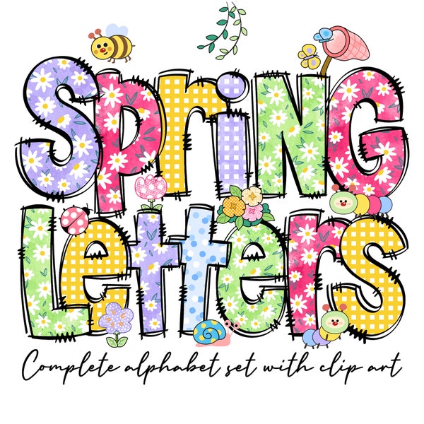 Spring Clipart Spring Sublimation Doodle Letter Bundle PNG, Spring Flower Alphabet Letters, Hand Drawn Doodle, Hand Drawn Spring Letters