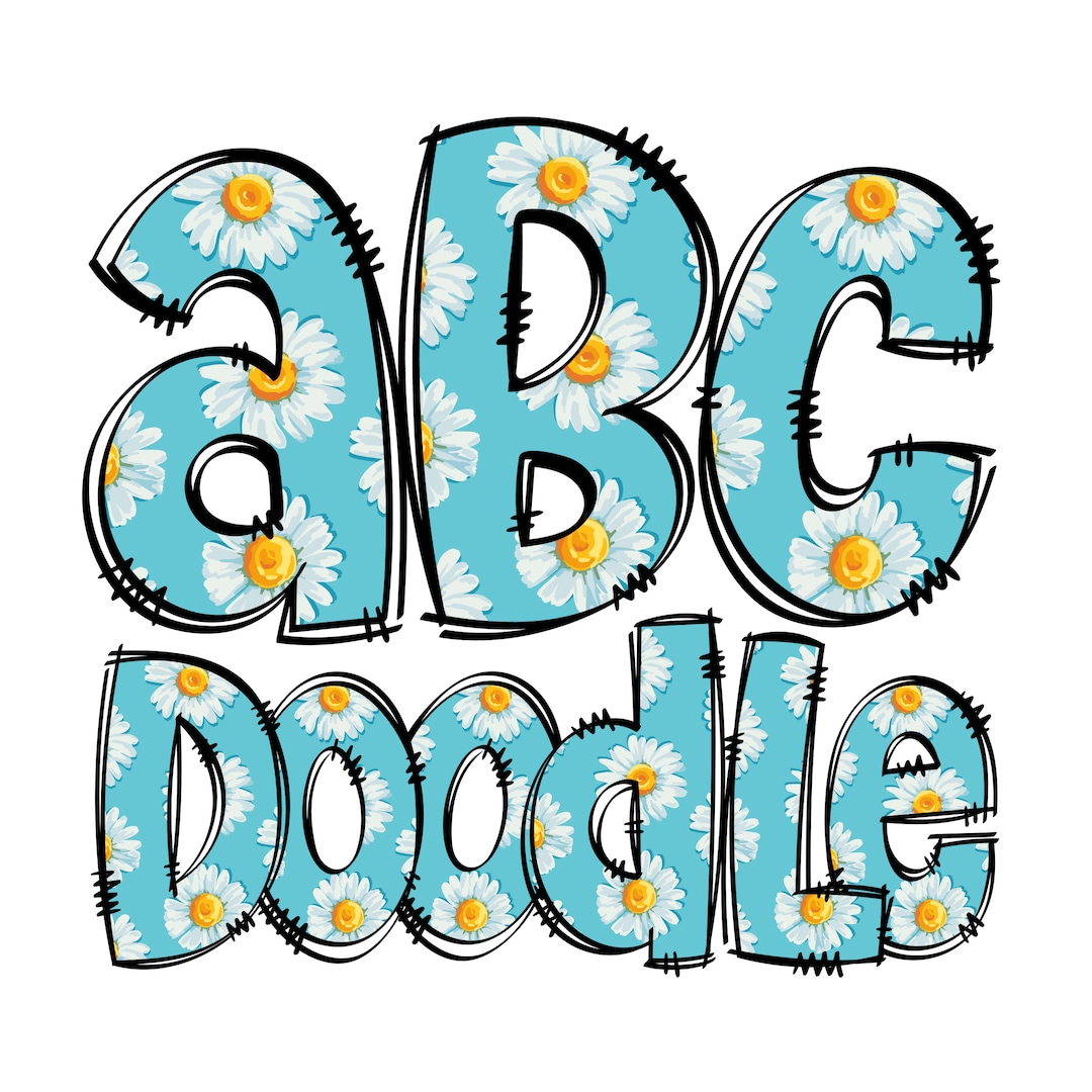 Blue Daisy Doodle Letters, Hand Drawn Doodle Alpha Bundle Patterned