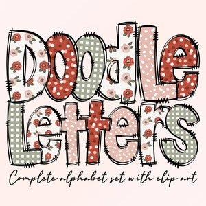 Floral Boho Spring Doodle Letters PNG Bundle, Alfabeto de flores de primavera, Letras de Doodle desenhadas à mão, Designs de sublimação de primavera, Letras florais