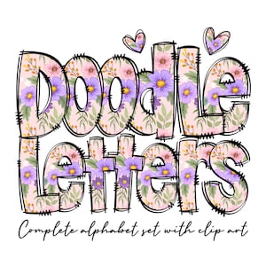 Purple Flowers Doodle letters, Hand Drawn Doodle Alpha Bundle Patterned Numbers & Alphabet Doodle Set Sublimation Font PNG