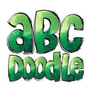 Letras de Doodle de Tinta Verde, Doodle Desenhado à Mão Pacote Alfa Números Padronizados e Conjunto de Doodle do Alfabeto Fonte de Sublimação png