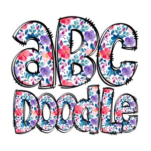 Letras de Doodle em Aquarela Floral Colorido, Doodle Desenhado à Mão Pacote Alfa Números Modelados e Conjunto de Doodle do Alfabeto Fonte de Sublimação png
