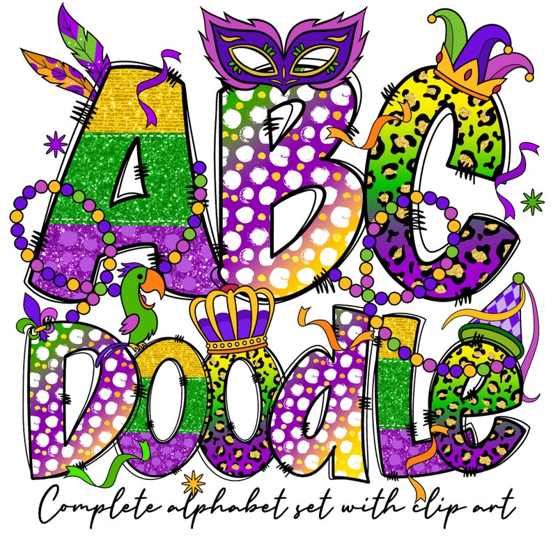 May include: A set of colorful alphabet letters with Mardi Gras themed decorations. The letters are decorated with purple, green, and gold glitter, beads, and polka dots. The letters spell out "ABC Doodle".