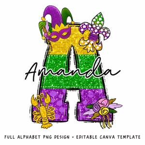 Carta de garabato de Mardi Gras, agregue su propio nombre, diseño de nombre personalizado para camisa familiar y para niños, flor de lis PNG, PLANTILLA CANVA