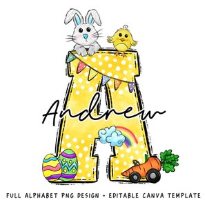 Carta de doodle de conejito de Pascua PNG, agregue su propio nombre, plantilla CANVA, diseño de nombre personalizado para camisa familiar y para niños, diseño de primavera