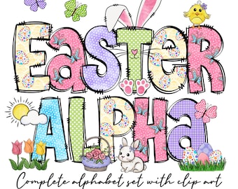 Easter Alphabet Letters with Clip Art PNG Bundle, Easter Bunny Doodle letters, Hand Drawn Doodle, Sublimation Alpha Set Designs, Easter Eggs