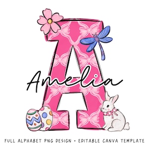 Letra PNG de garabato de conejito de Pascua, agregue su propio nombre, plantilla CANVA, diseño de nombre personalizado para camisa de familia y niños, diseño de primavera