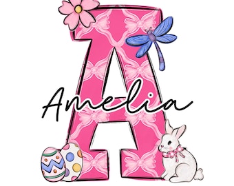 Easter Bunny Doodle Letter PNG, Add Your Own Name, CANVA Template, Personalized Custom Name design for Family and Kids Shirt, Spring Design