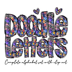 Colorful Flowers Doodle letters, Hand Drawn Doodle Alpha Bundle Patterned Numbers & Alphabet Doodle Set Sublimation Font PNG