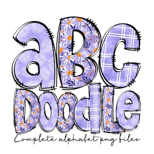 Roxo Margarida Alfabeto Doodle Letras Pacote PNG, Alfabeto de Flores de Primavera, Doodle Desenhado à Mão, Desenhos de Sublimação Desenhados à Mão, Letras Florais