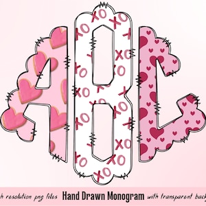 Valentine&#39;s Day Monogram Letters, Holiday Sublimation PNG Hand Drawn Doodle Full Alphabet Bundle, Left Middle Right Doodle Letters PNG