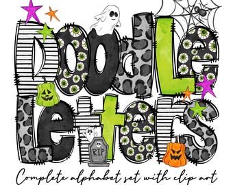 Halloween-alfabetet klotterbokstäver PNG, sött spöke png, klotteralfabetspaket, anpassad Halloween-tröja med namn, Halloween-alfabetet klotterset PNG