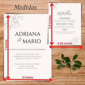Puede incluir: Una invitaci&oacute;n de boda blanca con texto negro. La invitaci&oacute;n mide 17,8 cm de alto y 12,7 cm de ancho. El texto dice "Adriana & Mario" e incluye detalles sobre la ceremonia y la recepci&oacute;n de la boda. La invitaci&oacute;n est&aacute; decorada con un dise&ntilde;o floral sencillo.