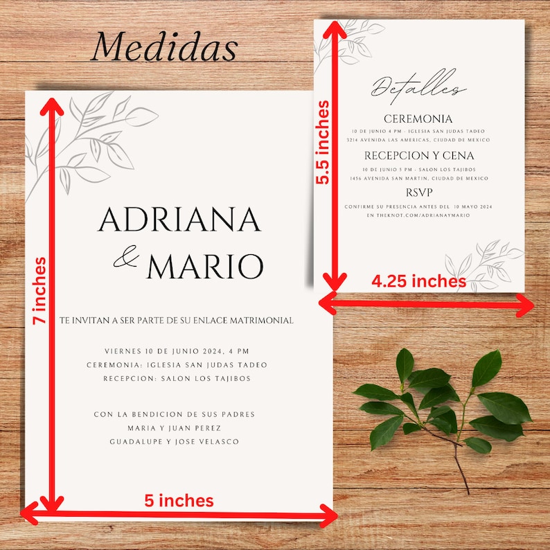 Puede incluir: Una invitaci&oacute;n de boda blanca con texto negro. La invitaci&oacute;n mide 17,8 cm de alto y 12,7 cm de ancho. El texto dice "Adriana & Mario" e incluye detalles sobre la ceremonia y la recepci&oacute;n de la boda. La invitaci&oacute;n est&aacute; decorada con un dise&ntilde;o floral sencillo.