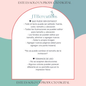 Puede incluir: Un gr&aacute;fico rosa y azul con el texto "ESTE ES SOLO UN PRODUCTO DIGITAL" en la parte superior e inferior. El texto "JTBcreations" est&aacute; en una fuente grande en el centro del gr&aacute;fico. El gr&aacute;fico enumera las caracter&iacute;sticas de un producto digital que se puede editar, incluido el texto, las ilustraciones y los fondos. El gr&aacute;fico tambi&eacute;n enumera los t&eacute;rminos de uso del producto, que incluyen ninguna devoluci&oacute;n y que los colores pueden aparecer diferentes en la pantalla que en la impresi&oacute;n.