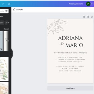 Puede incluir: Una plantilla de invitaci&oacute;n de boda con un dise&ntilde;o minimalista que presenta un simple dibujo de l&iacute;nea de una rama con hojas. El texto dice "ADRIANA & MARIO" en fuente negra. Los detalles de la invitaci&oacute;n est&aacute;n en espa&ntilde;ol e incluyen la fecha, hora y lugar de la ceremonia y la recepci&oacute;n. El texto tambi&eacute;n incluye los nombres de los padres de la pareja.