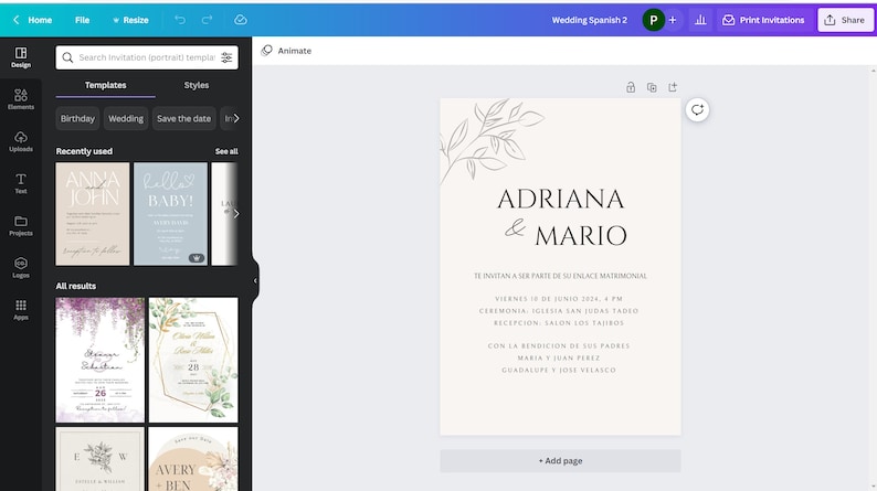 Puede incluir: Una plantilla de invitaci&oacute;n de boda con un dise&ntilde;o minimalista que presenta un simple dibujo de l&iacute;nea de una rama con hojas. El texto dice "ADRIANA & MARIO" en fuente negra. Los detalles de la invitaci&oacute;n est&aacute;n en espa&ntilde;ol e incluyen la fecha, hora y lugar de la ceremonia y la recepci&oacute;n. El texto tambi&eacute;n incluye los nombres de los padres de la pareja.