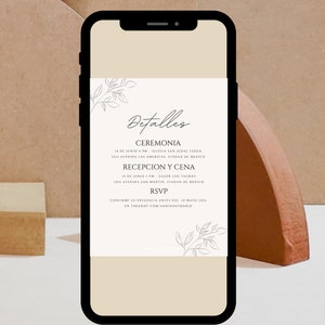 Puede incluir: Una invitaci&oacute;n de boda beige y blanca con un dise&ntilde;o minimalista. La invitaci&oacute;n incluye los detalles de la ceremonia y la recepci&oacute;n, incluyendo la fecha, la hora y la ubicaci&oacute;n. El texto dice "Detalles", "Ceremonia", "10 de Junio 4 PM - Iglesia San Judas Tadeo", "3214 Avenida Las Americas, Ciudad de Mexico", "Recepcion y Cena", "18 de Junio 3 PM - Salon Los Taliros", "1456 Avenida San Martin, Ciudad de Mexico", "RSVP", "Confirme su presencia antes del 10 de Mayo 2024", "en theknot.com/adriana ymario".