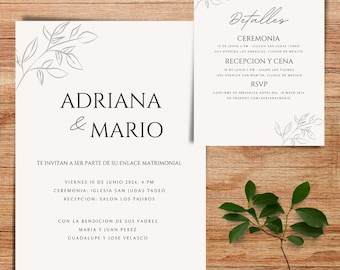 Invitaciones De Boda Editable Digitales en Español, Para Editar e Imprimir en espanol, Spanish Wedding Invitation, Wedding Invite Template