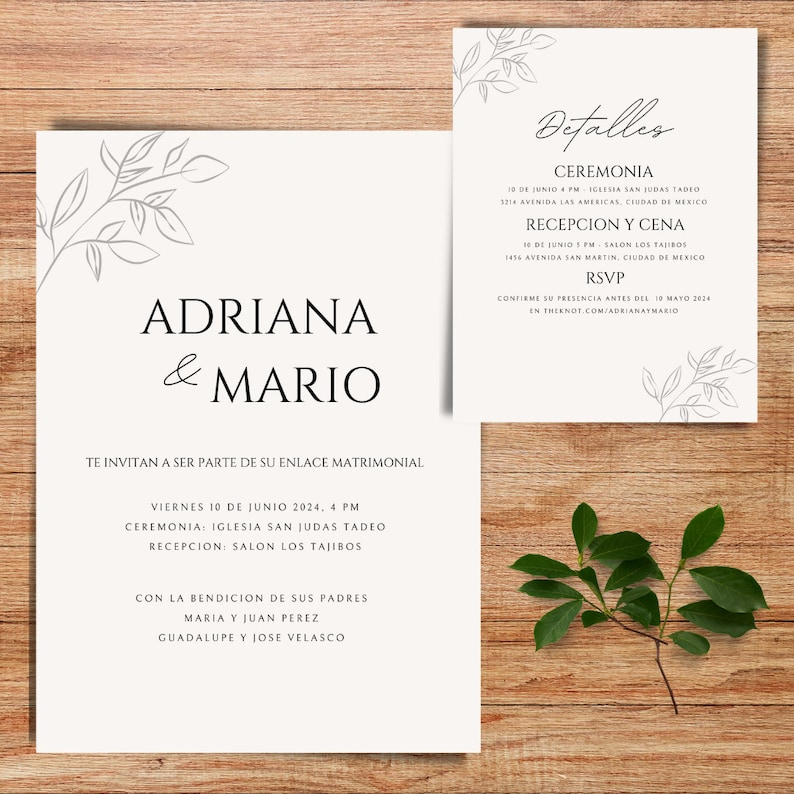 Puede incluir: Una invitaci&oacute;n de boda con un dise&ntilde;o sencillo que presenta un motivo floral y los nombres Adriana y Mario. La invitaci&oacute;n incluye detalles sobre la ceremonia y la recepci&oacute;n, incluyendo la fecha, la hora y la ubicaci&oacute;n. El texto dice "Adriana & Mario, Te invitan a ser parte de su enlace matrimonial, Viernes 10 de junio 2024, 4 PM, Ceremonia: Iglesia San Judas Tadeo, Recepcion: Salon Los Tajibos, Con la bendicion de sus padres, Maria y Juan Perez, Guadalupe y Jose Velasco."