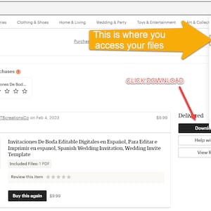Puede incluir: Captura de pantalla de una p&aacute;gina de compra de Etsy que muestra una descarga digital de invitaciones de boda espa&ntilde;olas. El bot&oacute;n de descarga est&aacute; resaltado en rojo. La p&aacute;gina tambi&eacute;n muestra el historial de compras y la opci&oacute;n de revisar el art&iacute;culo.