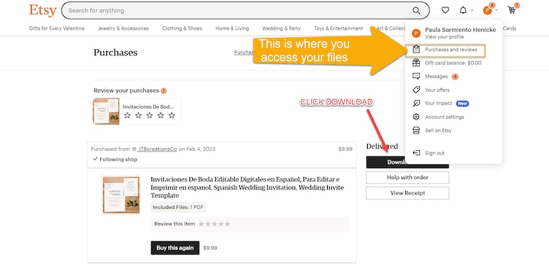 Puede incluir: Captura de pantalla de una p&aacute;gina de compra de Etsy que muestra una descarga digital de invitaciones de boda espa&ntilde;olas. El bot&oacute;n de descarga est&aacute; resaltado en rojo. La p&aacute;gina tambi&eacute;n muestra el historial de compras y la opci&oacute;n de revisar el art&iacute;culo.